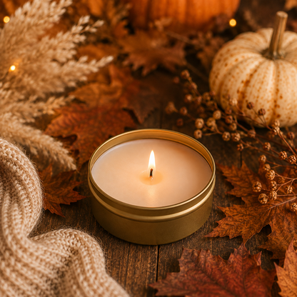 A lit round tin candle sits on a rustic wooden surface surrounded by autumn leaves, pumpkins, dried botanicals, and a knitted textile in warm fall tones.