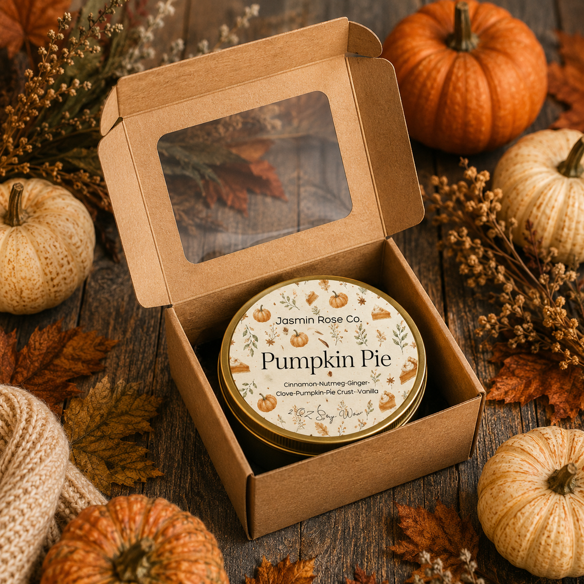 A round tin of pumpkin pie flavor candle by Jasmine Rose Co. sits inside an open kraft paper gift box with a clear window, surrounded by small pumpkins, autumn leaves, and dried floral decor on a rustic wooden surface.