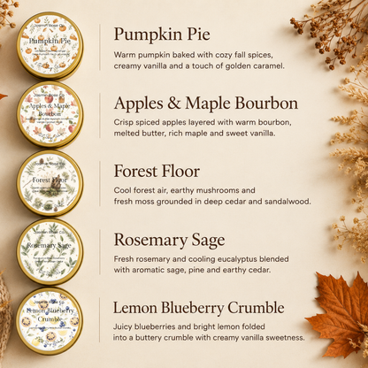 A styled product graphic showing five round scented candles in gold-toned tins arranged vertically on a warm beige background with autumn leaves and dried flowers. Each tin is labeled with a scent name and a short description: Pumpkin Pie, Apples & Maple Bourbon, Forest Fire, Rosemary Sage, and Lemon Blueberry Crumble.