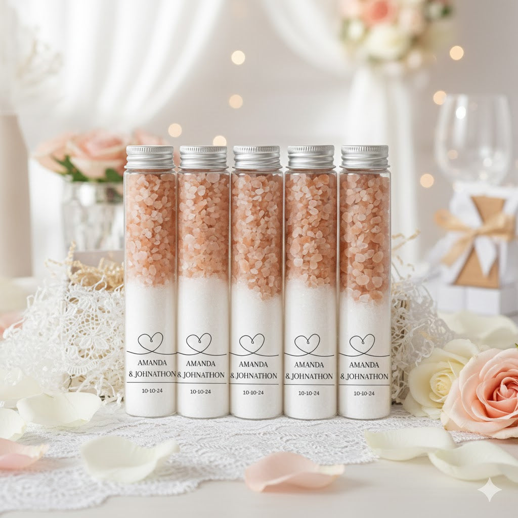 Set of personalized salt therapy bottles with decorative elements on a table.